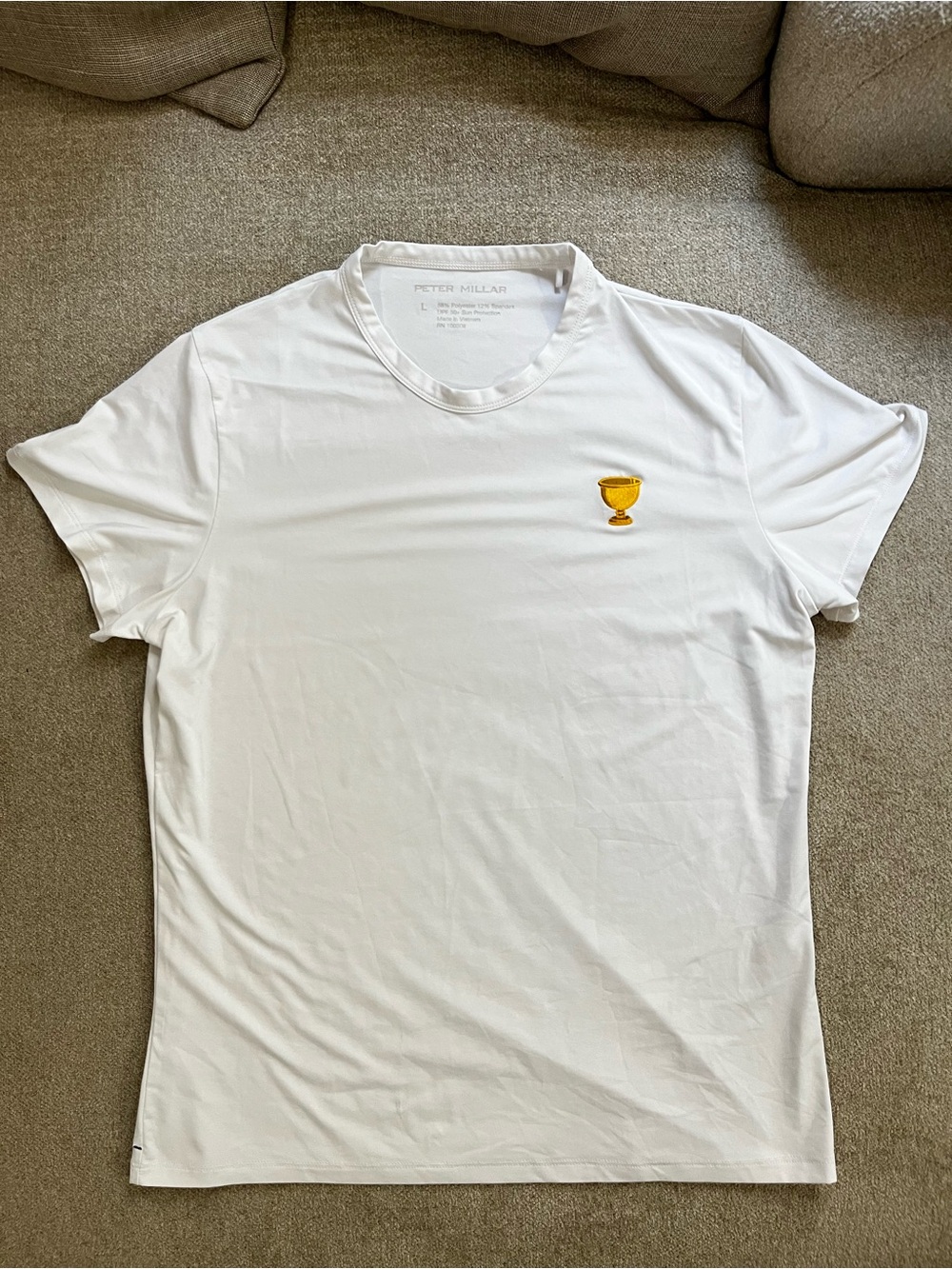 Peter Millar White Crewneck Tee with Gold Trophy Emblem